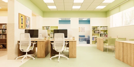 Nowoczesne biuro z zielonymi ścianami i drewnianymi biurkami, styl dopamine decor, eklektyczny.