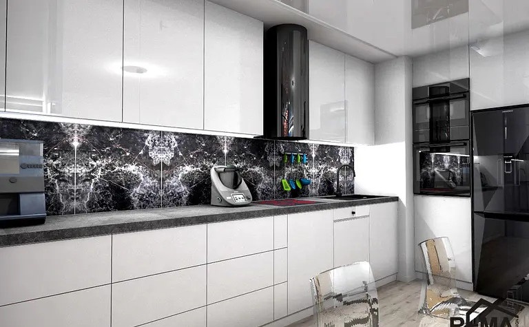 Kuchnia w stylu industrialnym i minimalistycznym z białymi meblami i czarnym blatem.