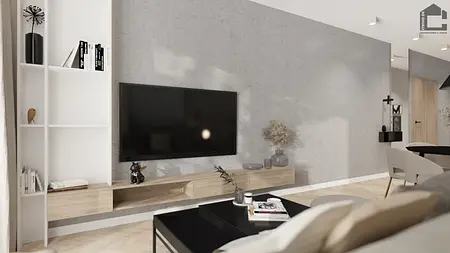Salon z industrialnym i minimalistycznym designem, szare ściany, drewniane meble