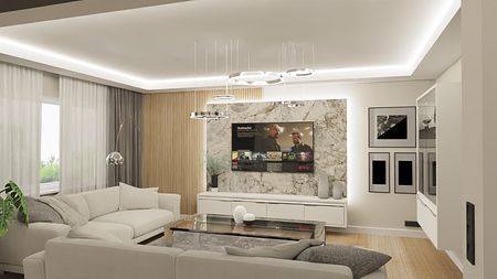 Stylowy salon z białą sofą, marmurową ścianą i nowoczesnym oświetleniem w stylu glamour.