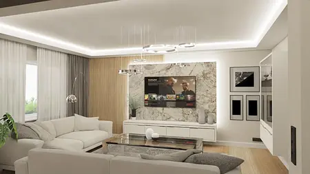 Stylowy salon z białą sofą, marmurową ścianą i nowoczesnym oświetleniem w stylu glamour.