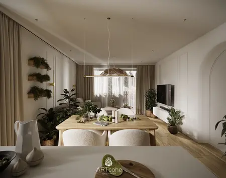 Wnętrze jadalni z drewnianym stołem, roślinami i stylami boho, japandi, nowoczesnym.