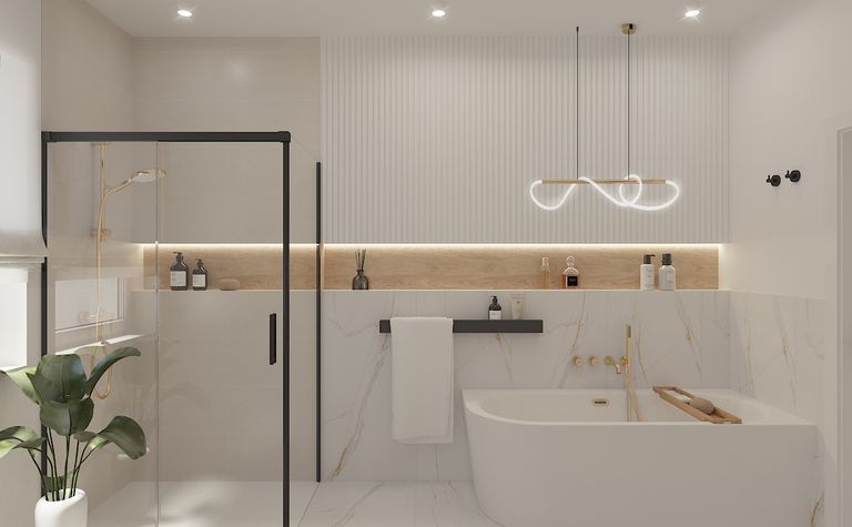 Nowoczesna łazienka z wanną, prysznicem, minimaluxe i quiet luxury