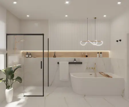 Nowoczesna łazienka z wanną, prysznicem, minimaluxe i quiet luxury