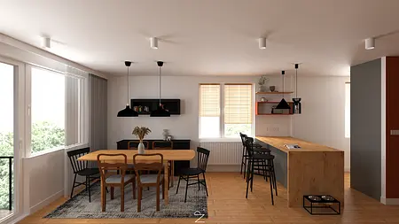 Wnętrze jadalni w stylu eklektycznym z drewnianym stołem, czarnymi krzesłami i nowoczesnymi lampami.