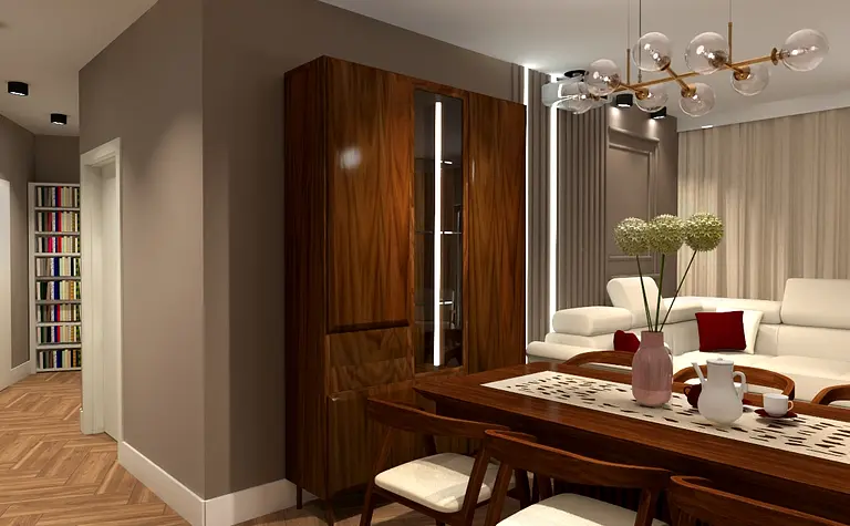 Wnętrze eklektycznego salonu z drewnianym stołem i jasnymi meblami.