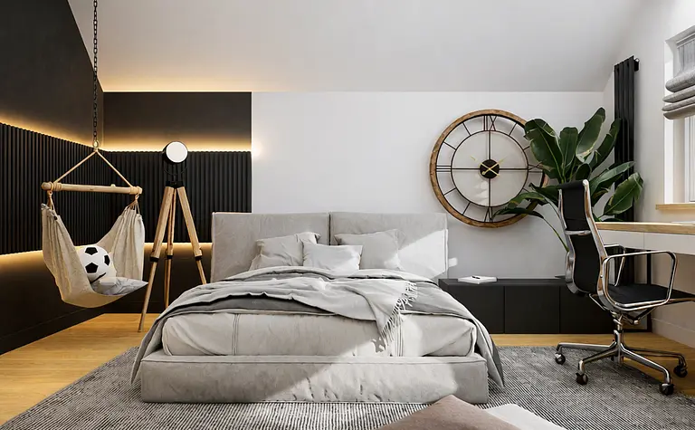 Współczesna sypialnia z szarym łóżkiem i roślinami