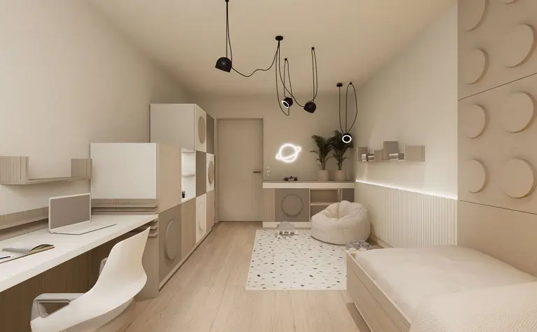 Minimalistyczny pokój z biurkiem, oświetleniem LED i roślinami.