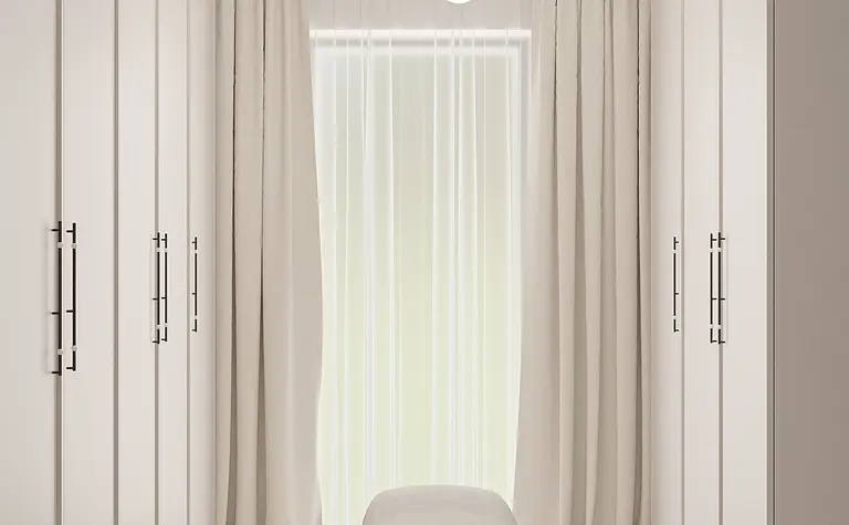 Garderoba z białymi meblami, minimalistyczne i nowoczesne wnętrze z oświetleniem.