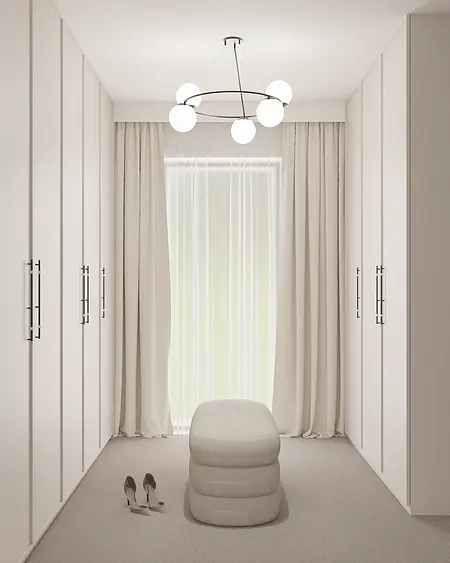 Garderoba z białymi meblami, minimalistyczne i nowoczesne wnętrze z oświetleniem.