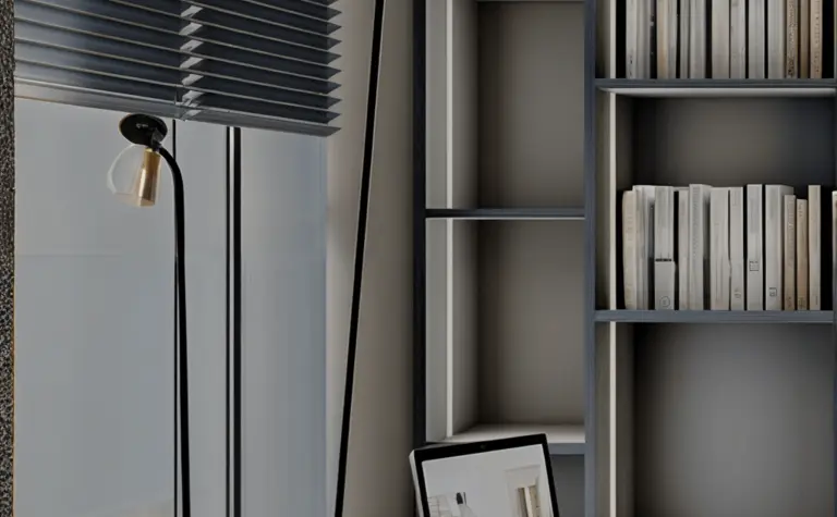 Wnętrze gabinetu w stylu minimalistycznym z biurkiem, lampą i półkami