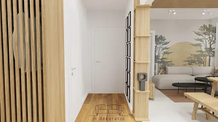 Korytarz w stylu japandi z drewnianymi detalami i nowoczesnymi meblami.