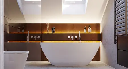 Łazienka z białą wanną, industrialnymi akcentami i minimalistycznym designem.