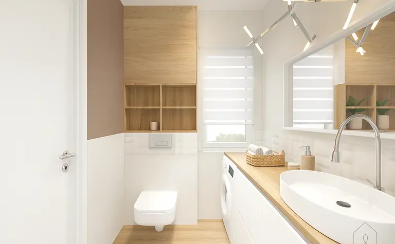 Wnętrze łazienki w stylu glamour i minimalistycznym z nowoczesnym wyposażeniem.