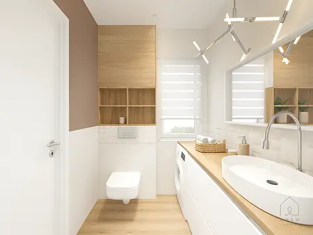 Wnętrze łazienki w stylu glamour i minimalistycznym z nowoczesnym wyposażeniem.