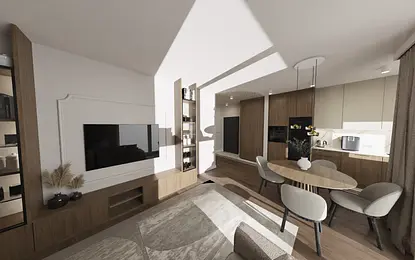 Wnętrze kuchni z drewnianymi meblami, jasną zabudową i nowoczesnym oświetleniem.