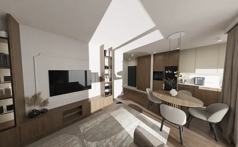 Wnętrze kuchni z drewnianymi meblami, jasną zabudową i nowoczesnym oświetleniem.