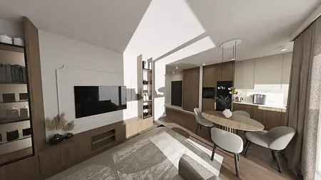 Wnętrze kuchni z drewnianymi meblami, jasną zabudową i nowoczesnym oświetleniem.