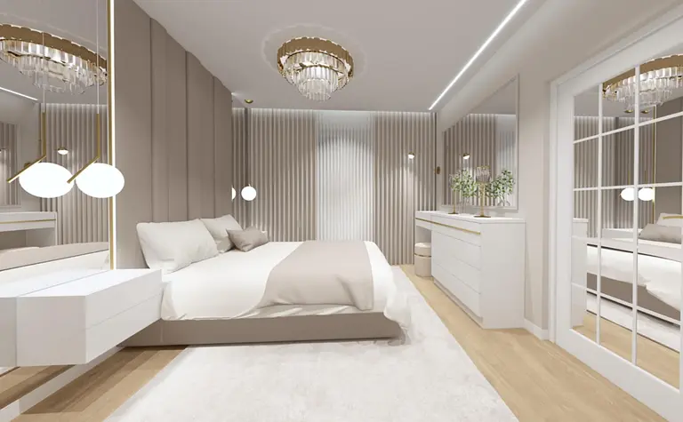 Wnętrze sypialni z białym łóżkiem, beżowymi ścianami i stylowym oświetleniem.