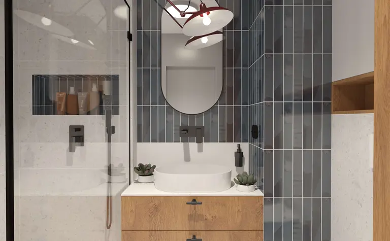 Wnętrze łazienki z drewnianymi elementami i nowoczesnymi akcesoriami dopamine decor.