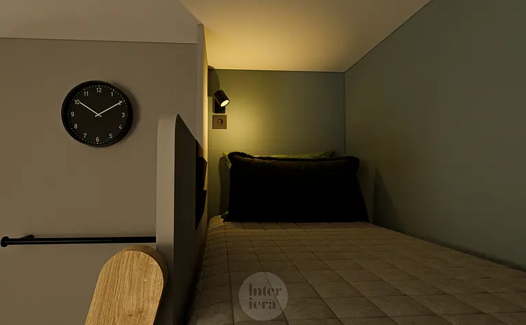 Sypialnia w minimalistycznym stylu z poduszkami i nowoczesnym oświetleniem.