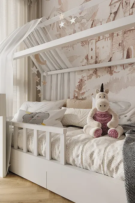 Pokój dziecięcy w stylu industrialnym i japandi z białym łóżkiem i pluszowym jednorożcem.