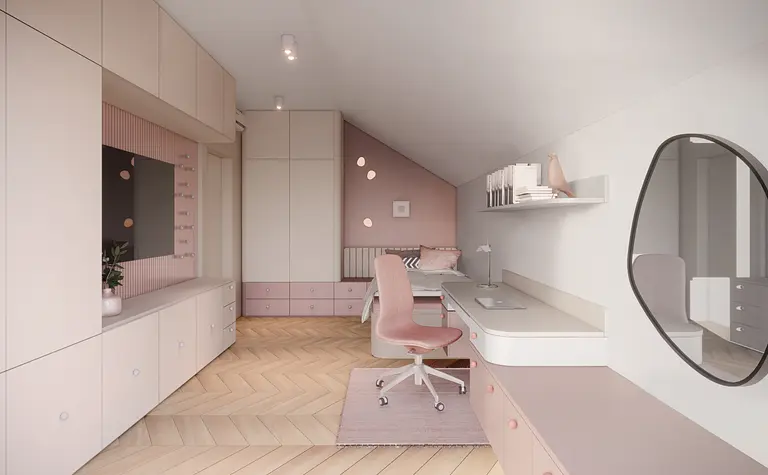 Wnętrze pokoju z różowymi meblami, drewnianą podłogą i minimalistycznymi detalami w stylu japandi.