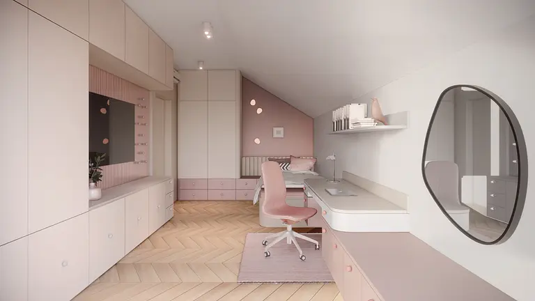 Wnętrze pokoju z różowymi meblami, drewnianą podłogą i minimalistycznymi detalami w stylu japandi.