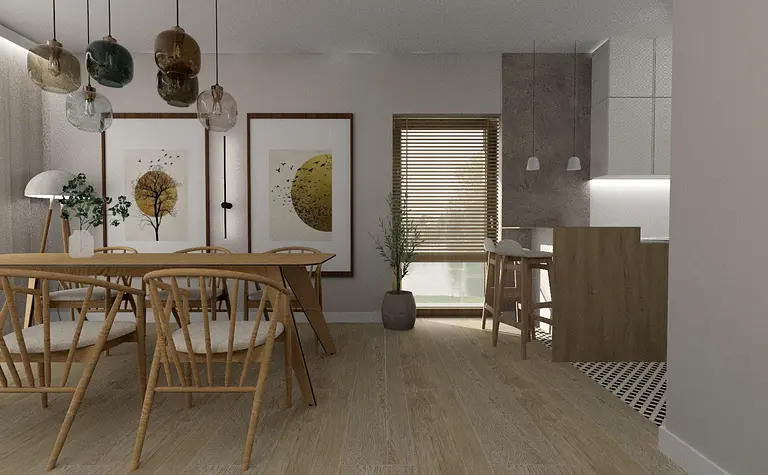 Wnętrze jadalni w stylu boho i minimalistycznym z drewnianym stołem i nowoczesnymi lampami.