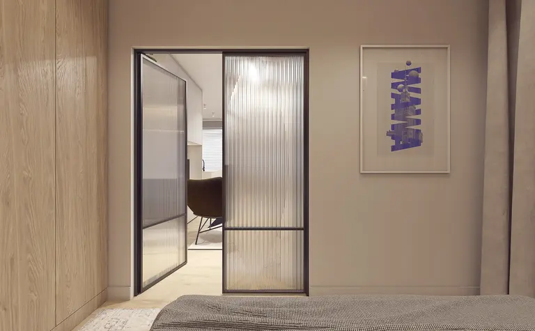 Wnętrze eklektycznego pokoju z nowoczesnymi detalami i współczesnym obrazem.