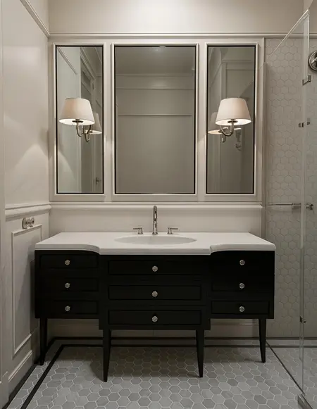Stylowa łazienka w stylu art deco i vintage z czarną szafką i heksagonalnym podłogą.