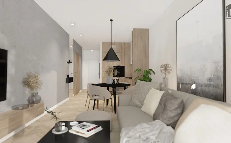 Wnętrze salonu w stylu industrialnym i minimalistycznym z drewnem i nowoczesnymi detalami.