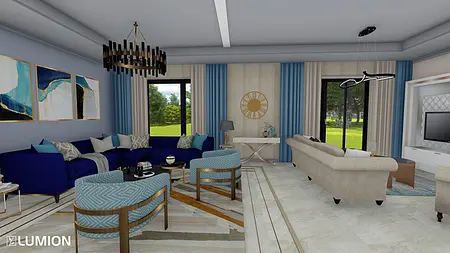 Wnętrze salonu w stylu art deco i nowoczesnym z niebieską sofą i jasnymi dodatkami.