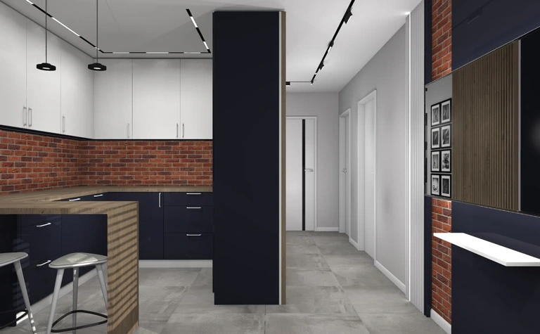 Wnętrze kuchni z ceglaną ścianą, czarnymi meblami, minimalistycznymi i industrialnymi akcentami.
