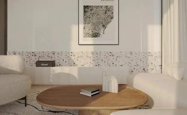 Wnętrze salonu w stylach art deco, boho, japandi, minimalistycznym i vintage.