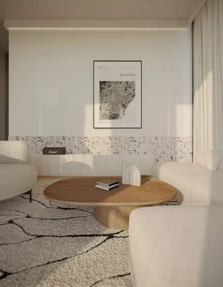 Wnętrze salonu w stylach art deco, boho, japandi, minimalistycznym i vintage.