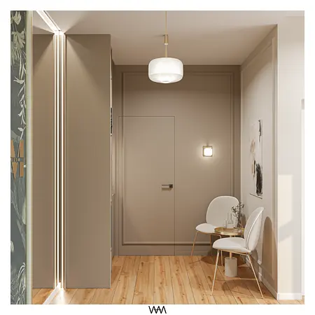 Przedpokój w stylu art deco z nowoczesnym oświetleniem i soft minimalizmem