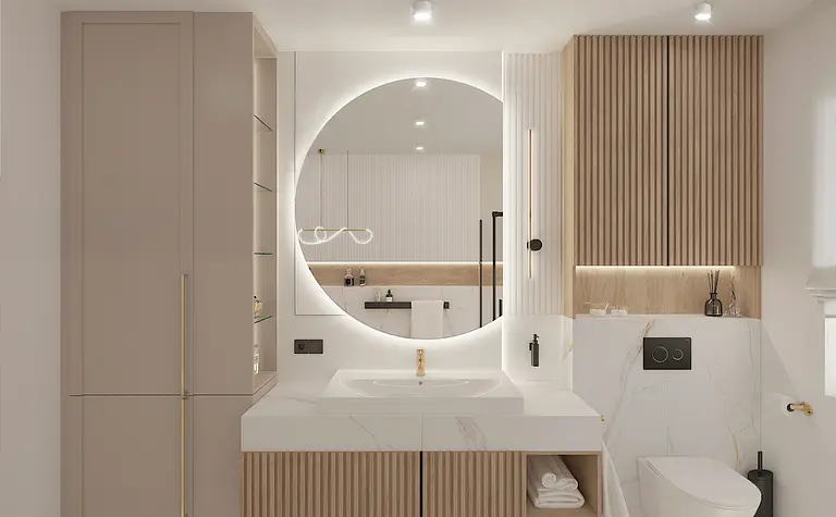 Nowoczesna łazienka w stylu minimaluxe i quiet luxury z drewnianymi detalami.