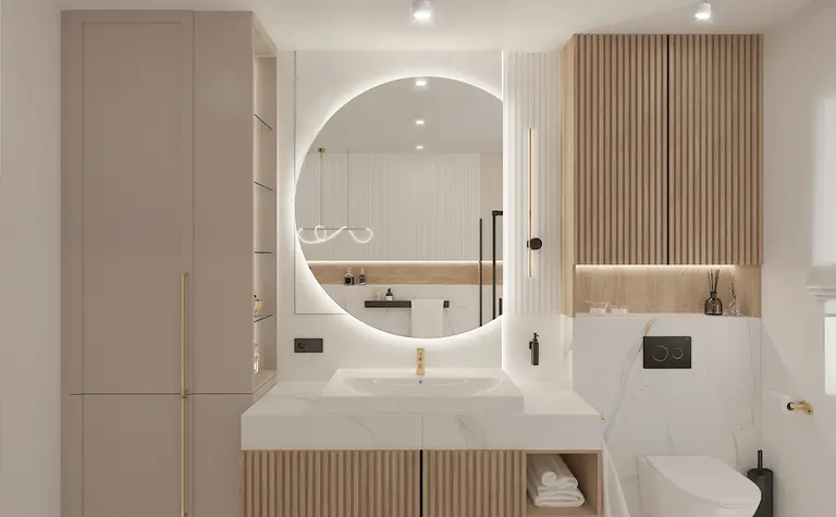 Nowoczesna łazienka w stylu minimaluxe i quiet luxury z drewnianymi detalami.