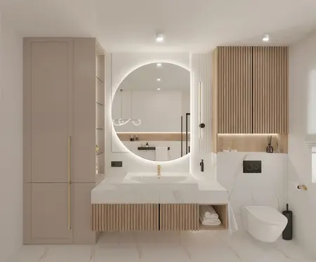 Nowoczesna łazienka w stylu minimaluxe i quiet luxury z drewnianymi detalami.