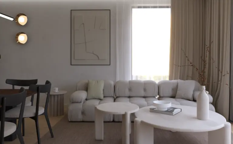 Wnętrze minimalistycznego salonu z jasnymi meblami i nowoczesnym oświetleniem.