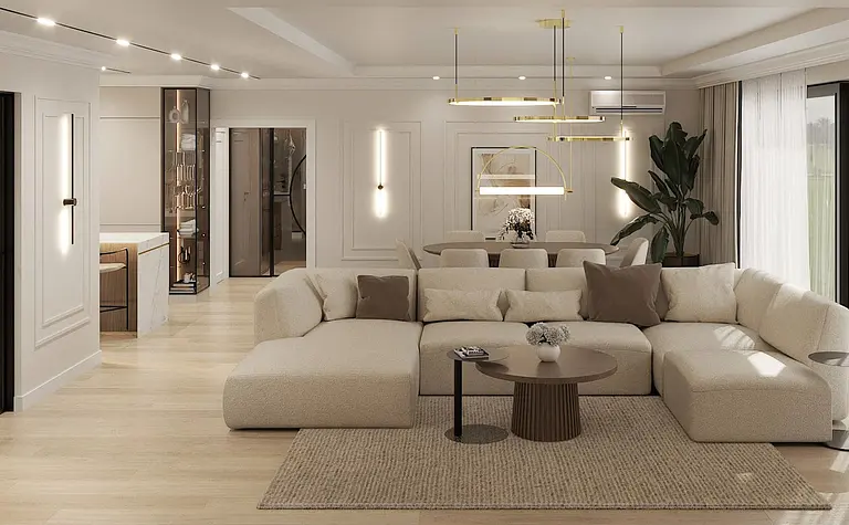 Wnętrze salonu w stylu art deco, glamour i nowoczesnym z jasną sofą i roślinami.