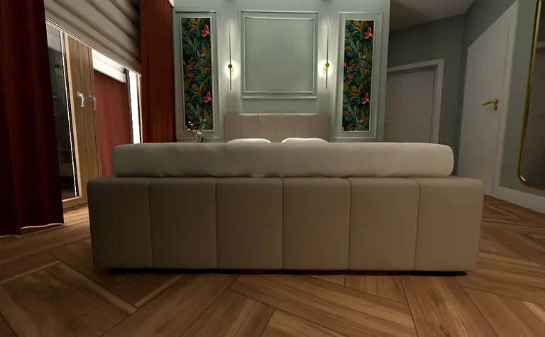 Wnętrze eklektycznego salonu z beżową sofą i zieloną dekoracją.