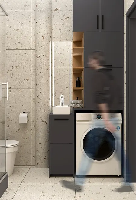 Wnętrze łazienki w stylu soft minimalizm i współczesnym z szarymi płytkami