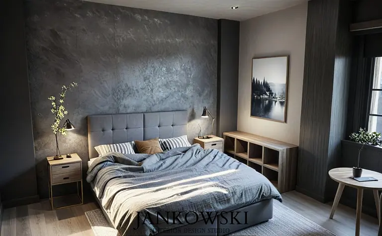 Sypialnia w stylu industrialnym i minimalistycznym z szarymi ścianami, drewnianymi meblami i lampą.