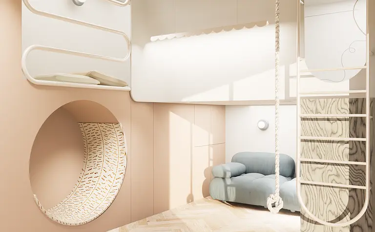 Pokój dziecięcy w stylu dopamine decor z eklektycznymi akcentami i nowoczesnymi meblami.