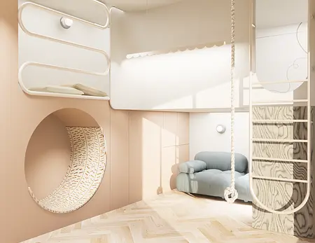 Pokój dziecięcy w stylu dopamine decor z eklektycznymi akcentami i nowoczesnymi meblami.