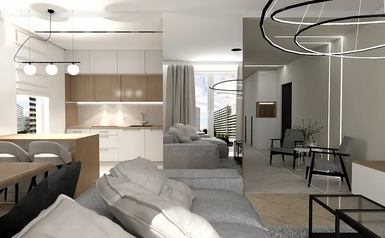 Nowoczesne wnętrze kuchni z białymi meblami i industrialnymi detalami.