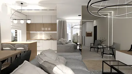 Nowoczesne wnętrze kuchni z białymi meblami i industrialnymi detalami.