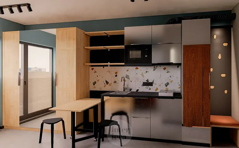 Wnętrze kuchni z drewnianymi meblami, minimalistyczne i nowoczesne.